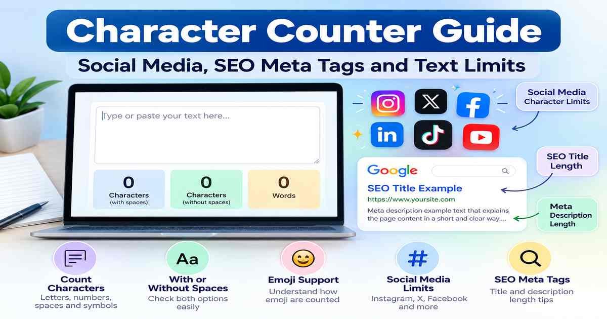 Character counter guide showing text length, spaces, social media character limits and SEO meta tags