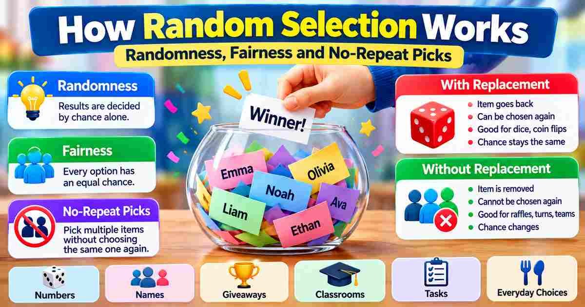 How random selection works with fair winner picking, replacement and no-repeat examples