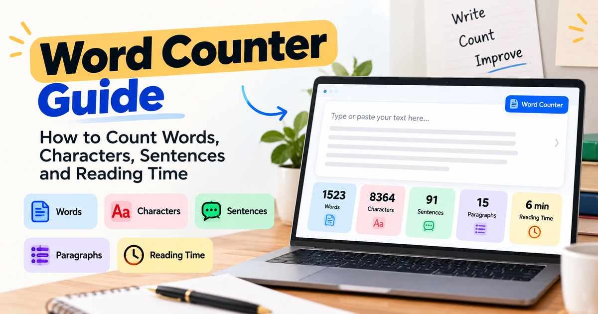 Word counter guide showing word count, characters, sentences, paragraphs and reading time